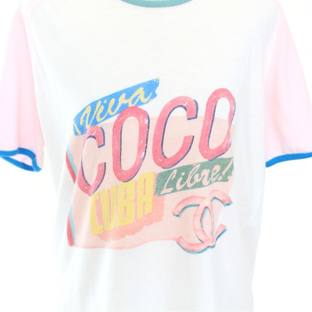 CHANEL White Tee with Pink Sleeves & Graphic (Limited EDITION Christmas 2017)